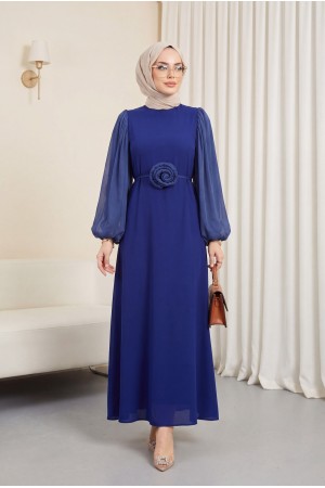 Balon Kol Manşeti Lastikli Güllü Kemerli Elbise -Laci