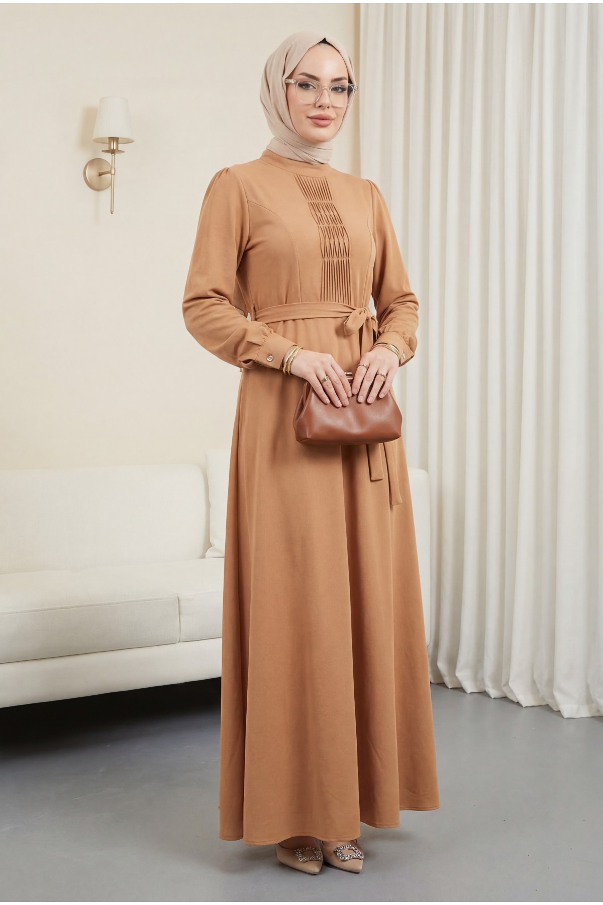 Belted Ayrobin Dress with Çima Detail  -Cinnamon