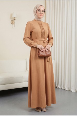 Çıma Detaylı Kemerli Ayrobin Elbise  -Tarçın