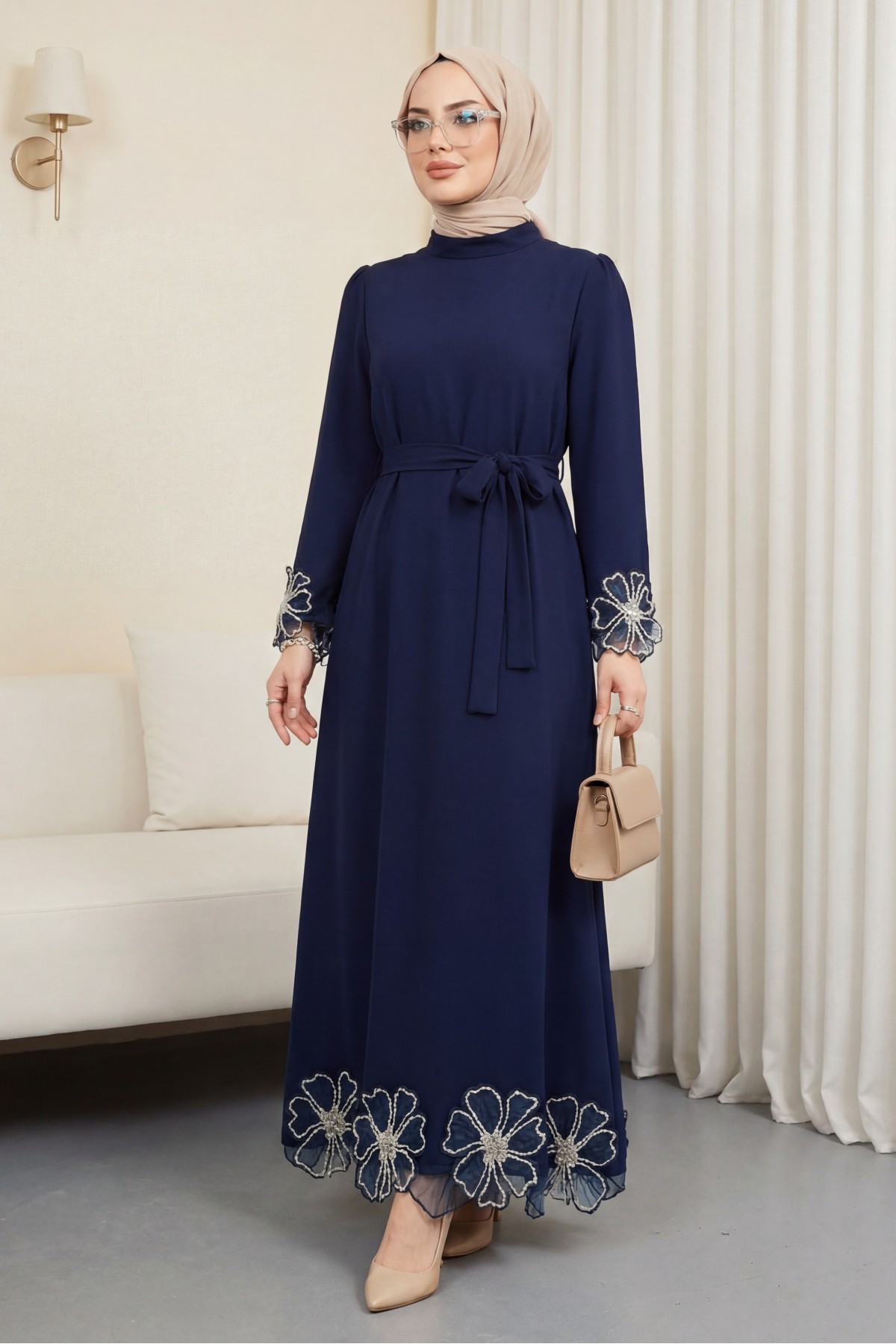 Lace-up crepe dress with floral stone details on sleeves and hem. -Navy blue