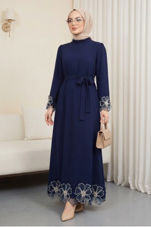 Kolları ve Eteği Çiçekli Taş Detaylı Bağcıklı Krep Elbise -Laci