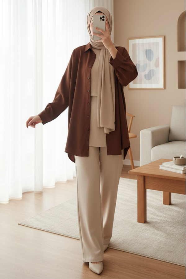 3900 Oversize Uzun Basic Gömlek - Kahverengi