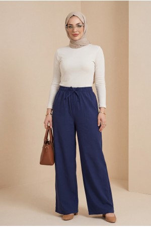 بنطال كتان بأرجل واسعة وتفاصيل أربطة وخصر مطاطي -ورنيش غامق