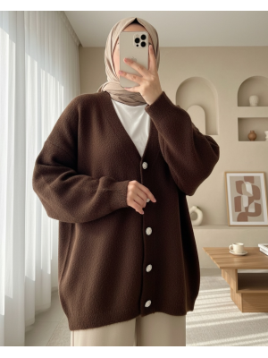 Önü Düğmeli Sakallı Salaş Triko Hırka   -Kahve