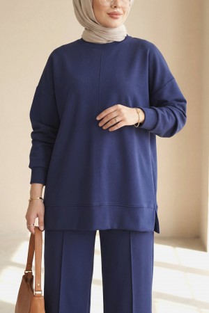 Round Neck Çimalı Oyşo Two-Piece Set -Navy blue