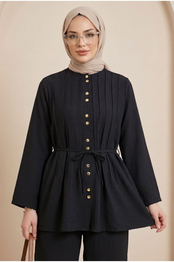 Cupra Suit with Ribbed Front Belted Trousers -Black