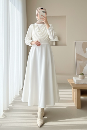 Loose Flared Scuba Puff Skirt   -White