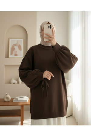 Round  Neck Knitted Detailed Sweater    -Dark Coffee