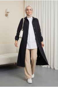 Kolu Lastikli Boydan Düğmeli Kot Kap   -Siyah