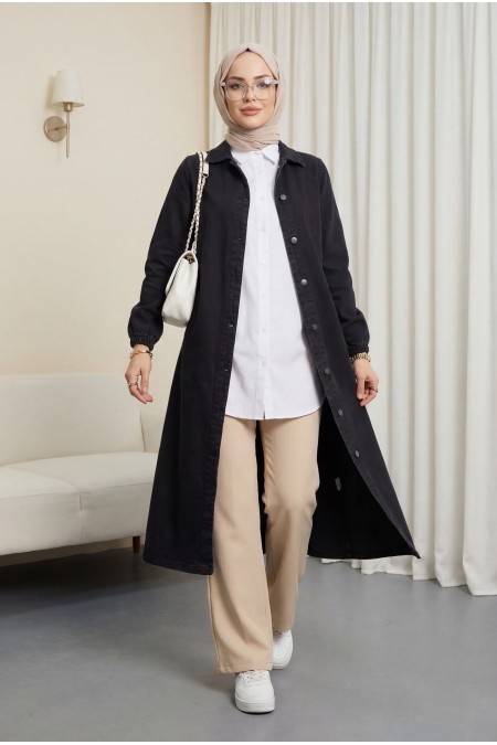 Kolu Lastikli Boydan Düğmeli Kot Kap   -Siyah