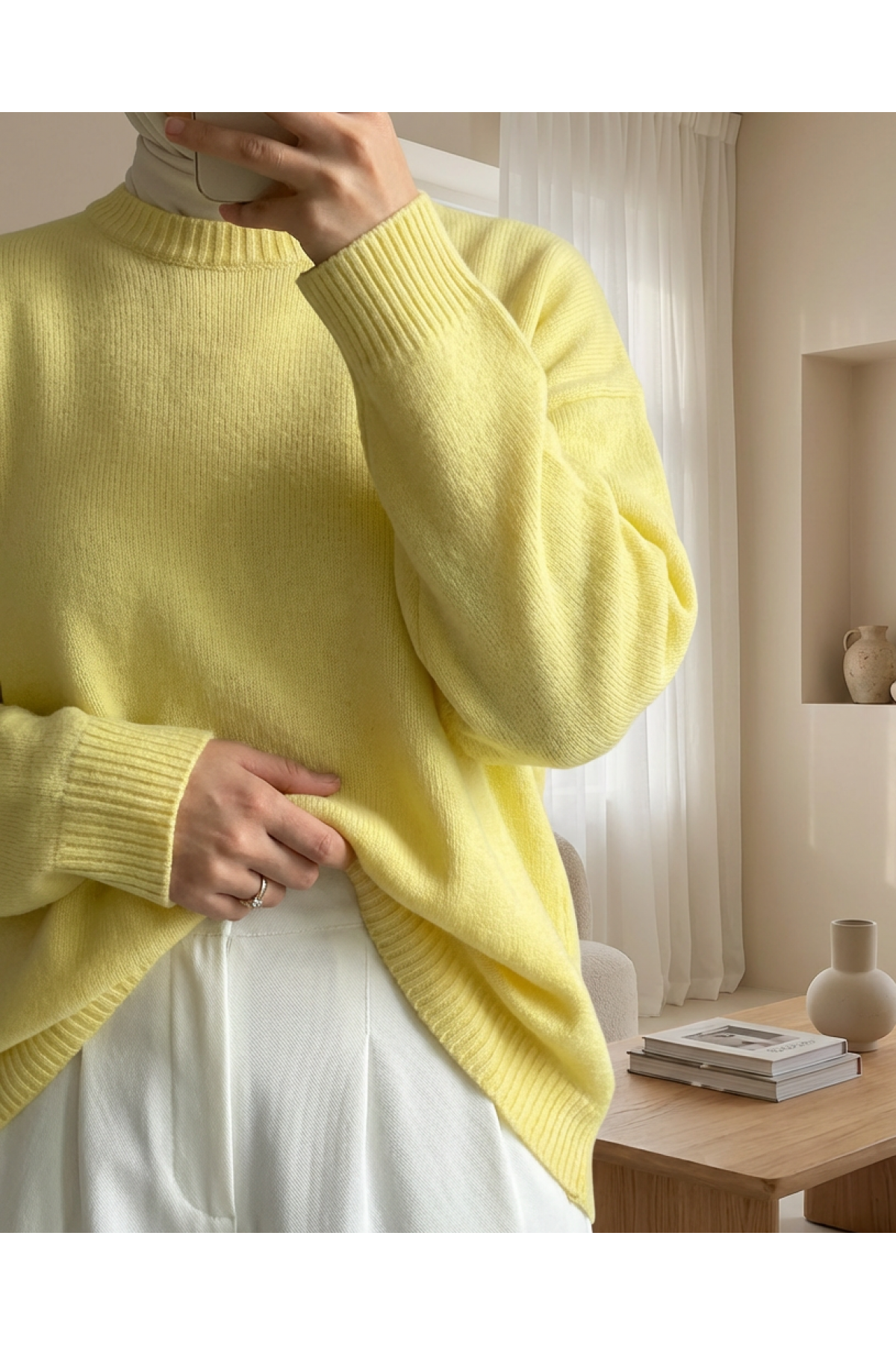 Round  Neck Loose Knit Sweater   -Yellow
