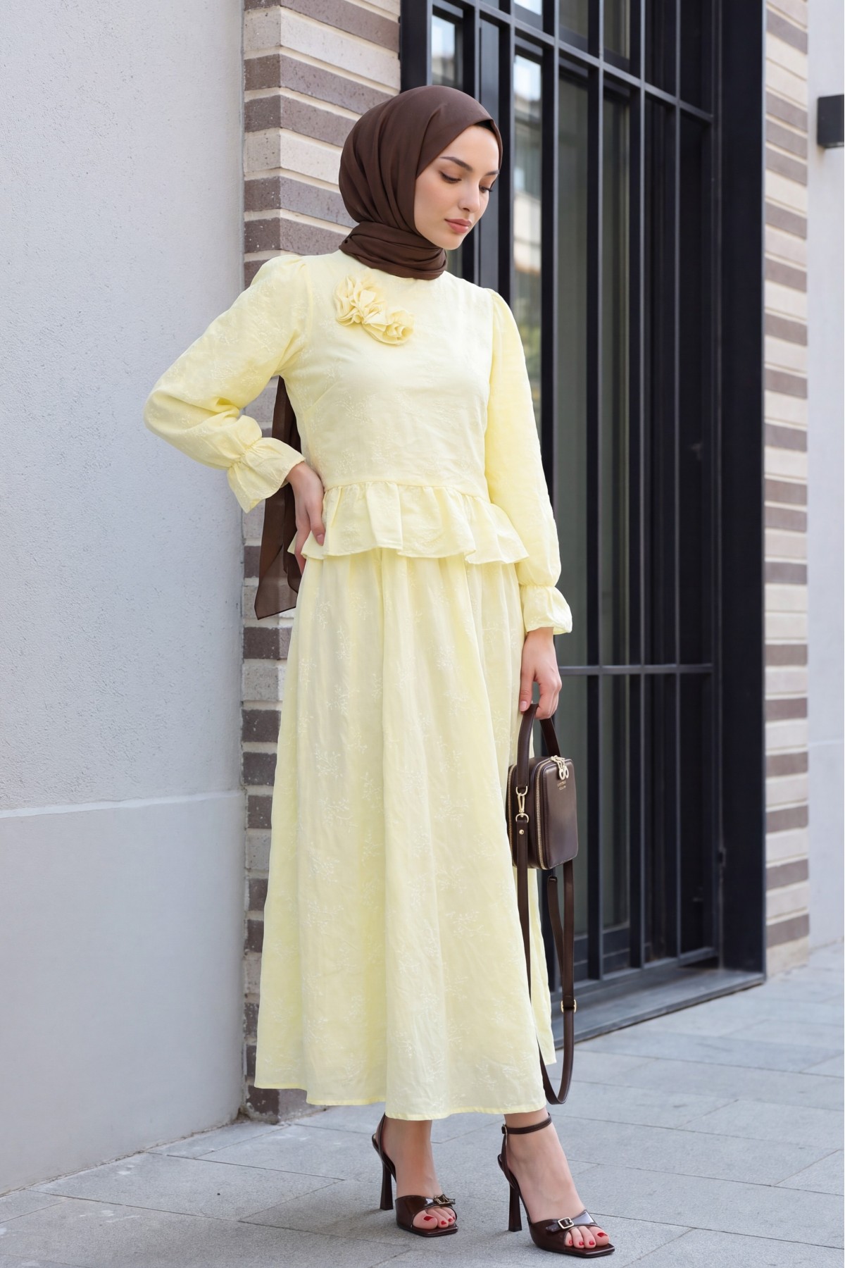 Rose Brooch Embellished, Elasticated Sleeve, Patterned, Lined, Voile Skirt Set  -Yellow