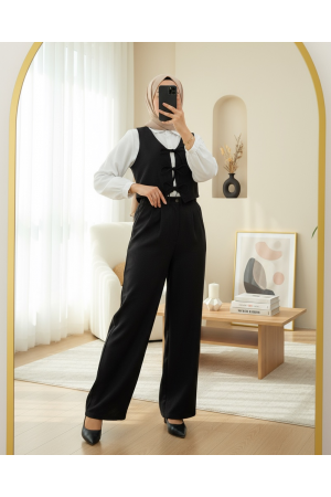 Önü Bağlamalı Yelek Pantolon İkili Takım   -Siyah