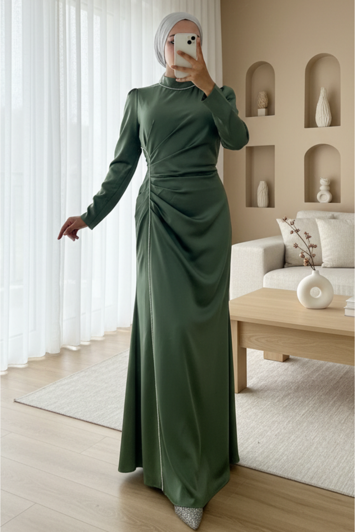 Stone-Striped, Draped-Waist Satin Evening Dress -Green