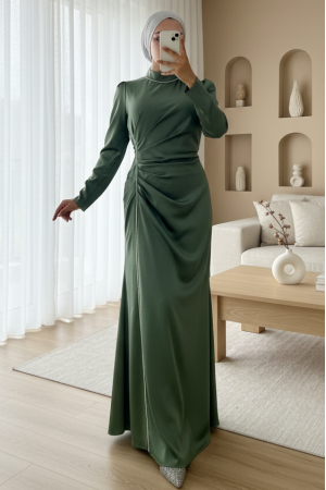 Taş Şeritli Beli Drapeli Saten Abiye -Yeşil