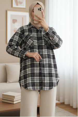 Tweed Shirt with Flap Pocket    -Black