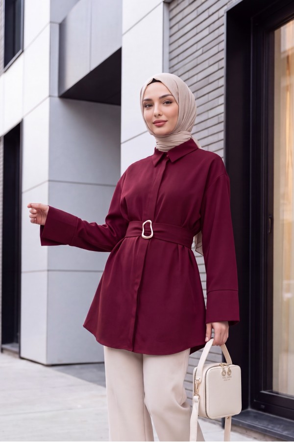 Tokalı Kemerli Duble Manşet Kol Gizli Düğmeli Poplin Tunik -Bordo