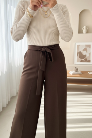 Beli Lastikli Bağlamalı  Bol Paça Pantolon  -K. Kahve