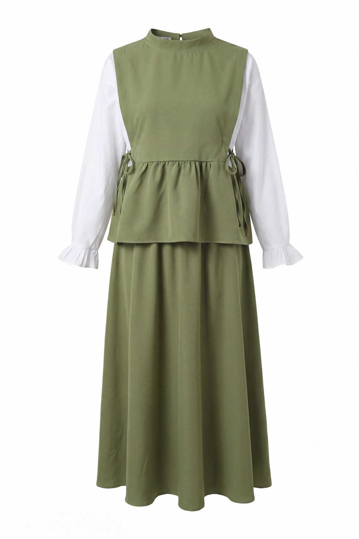 Shirt Detail, Side Lace-Up Ruffled Skirt Double Set -Khaki