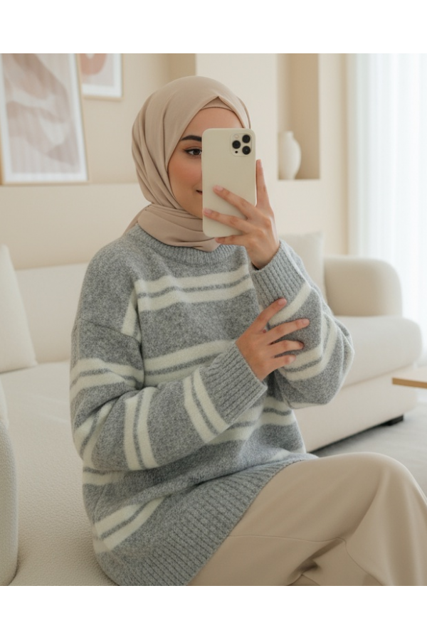 Round Neck Striped Soft Knit Sweater -Grey