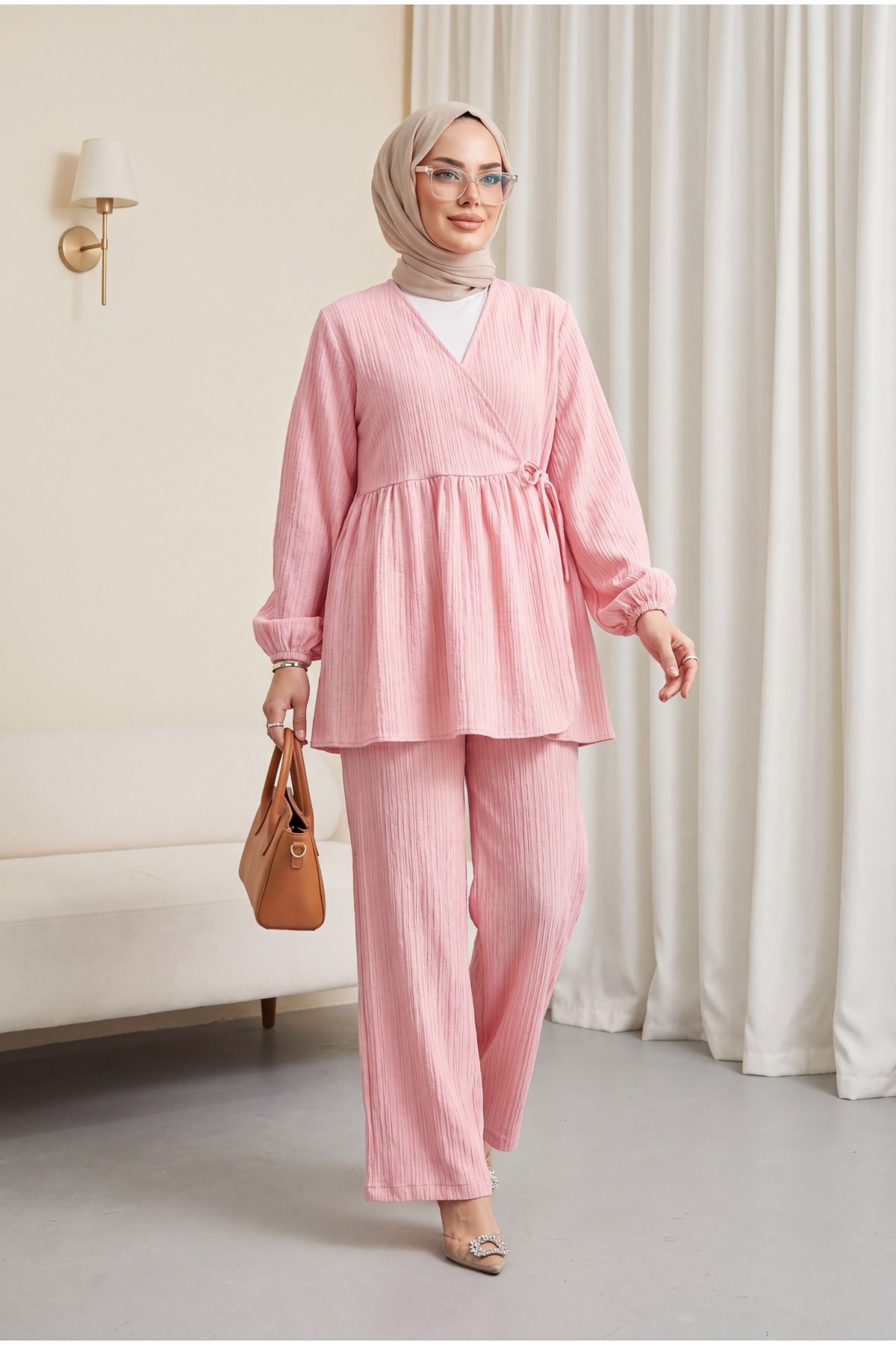 İçten Bağlamalı Tunik Bol Paça Pantolonlu Takım -Pembe