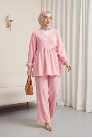 İçten Bağlamalı Tunik Bol Paça Pantolonlu Takım -Pembe