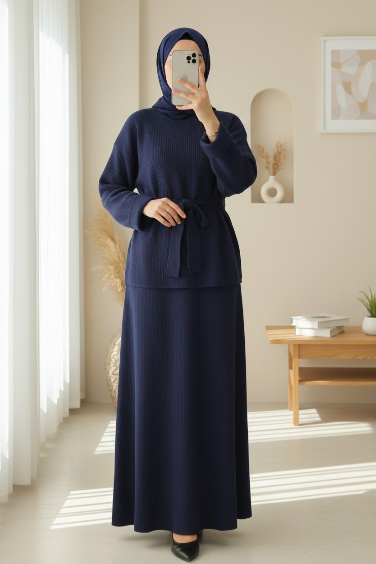 Folded Sleeve, Belted Waist, Slit Knitwear Suit -Navy blue