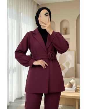 Kemeri Gül Detaylı Kruvaze Yaka Ceket Pantolon Takım   -Bordo