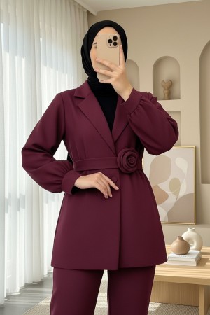 Kemeri Gül Detaylı Kruvaze Yaka Ceket Pantolon Takım   -Bordo