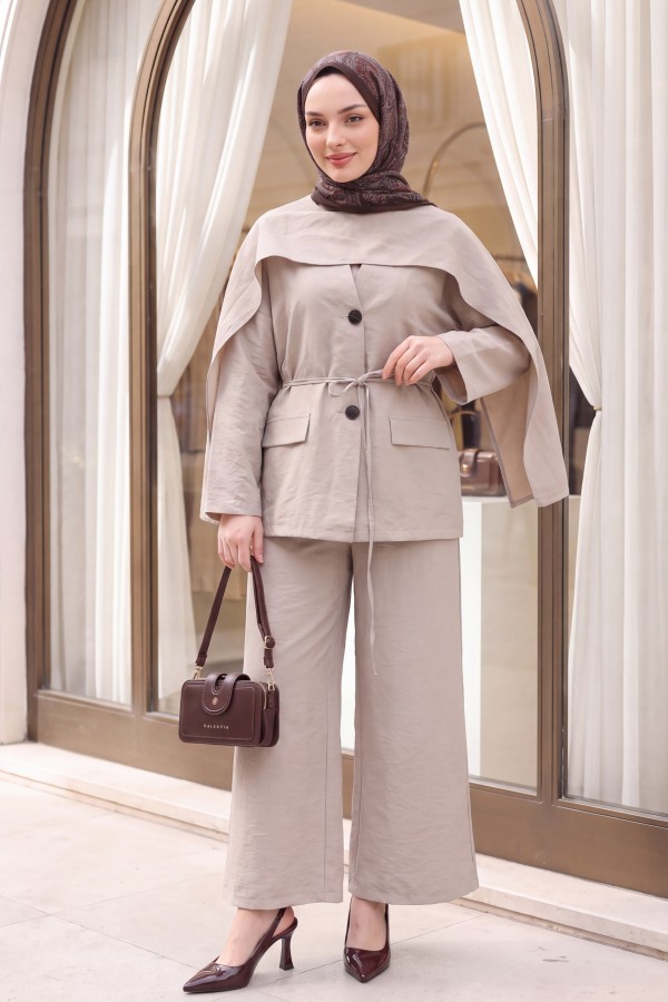 Pocket Detail V-Neck Drawstring Parachute Suit with Scarf -Stone
