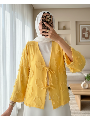 Önü Bağlamalı Püskül Detaylı Kimono  -Sarı