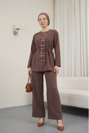 Çift Çıtçıt Detaylı Yuvarlak Yaka Bol Paça Pantolonlu Modal Takım -Kahve