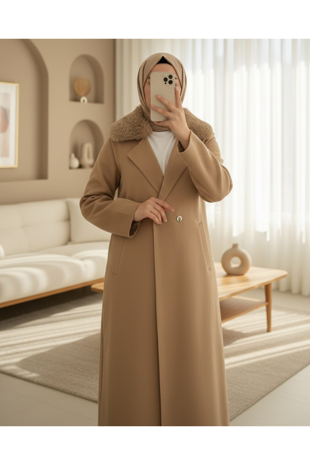 Fur Collar Double Buttoned Long Knitted Cardigan -Mink color
