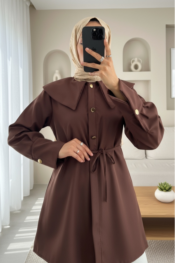 Wide Collared Waist-Tied Bonding Cape -Brown