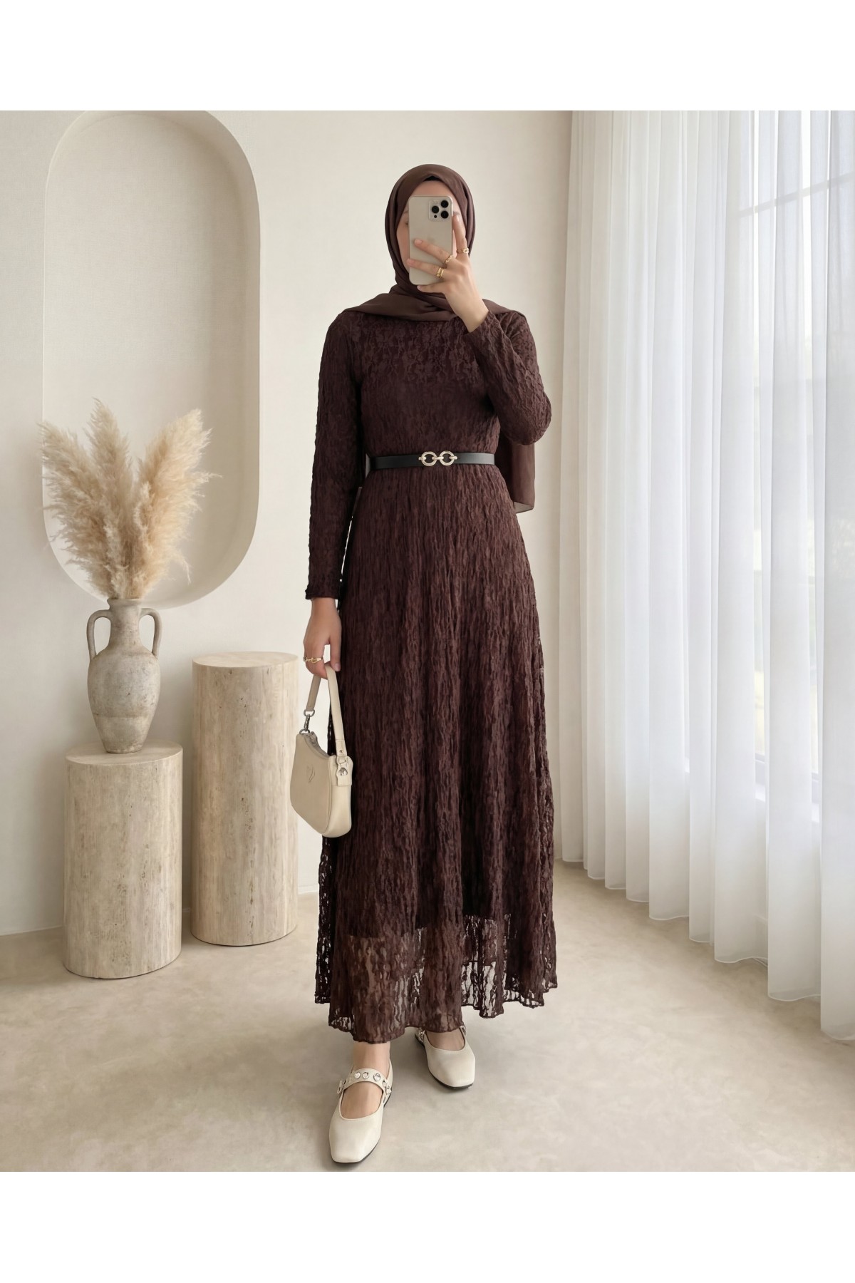 Belted Lined Guipure Lace Dress -Dark Coffee
