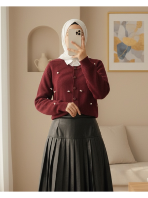 Düğmeli Çiçek Detaylı Yumoş Hırka -Bordo