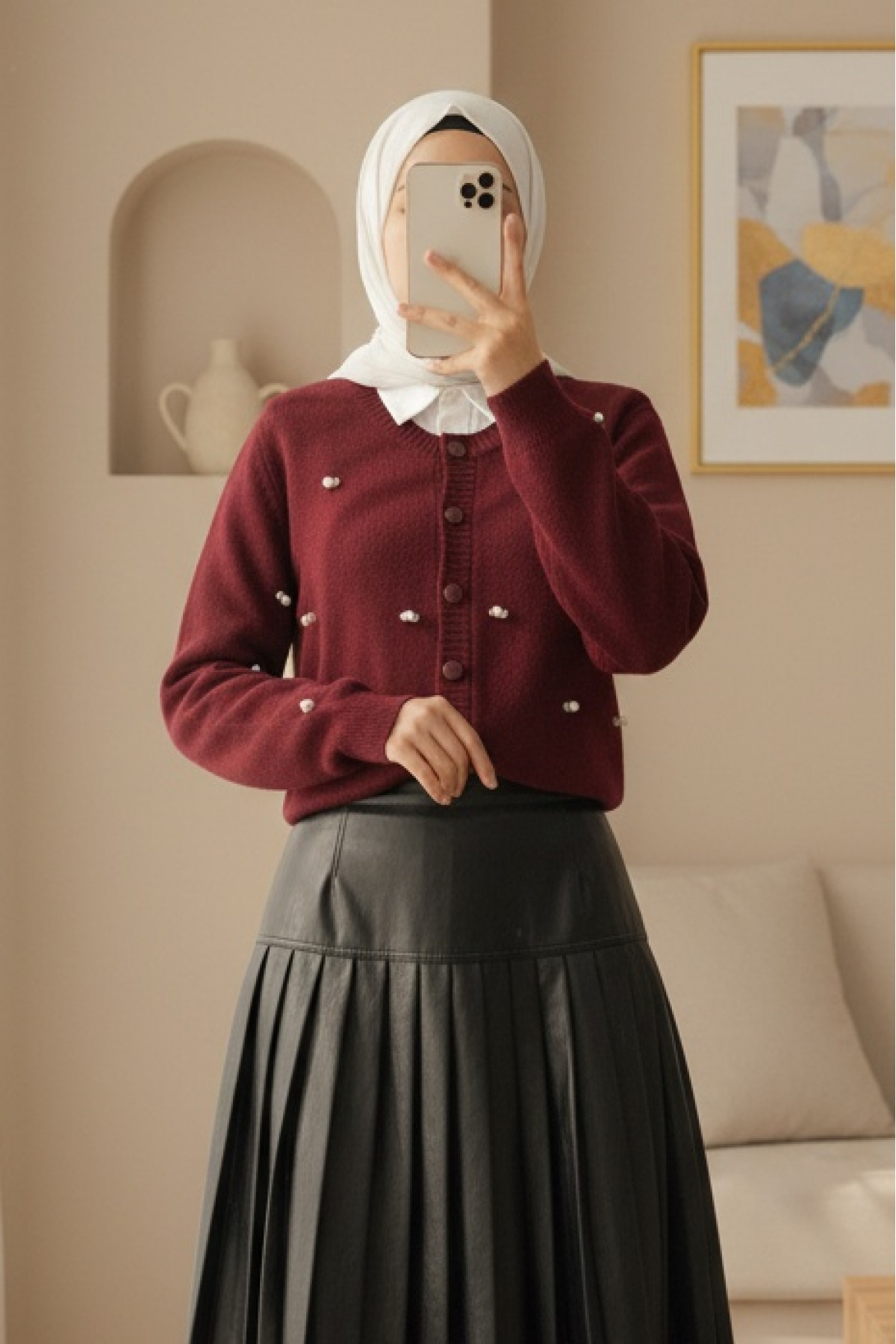 Düğmeli Çiçek Detaylı Yumoş Hırka -Bordo