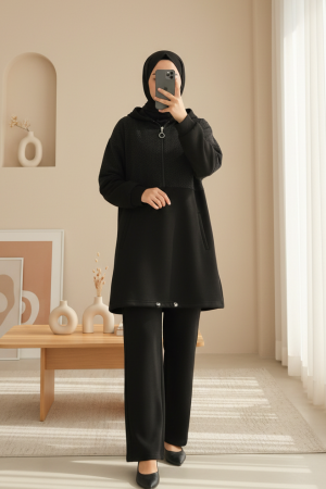 Yarım Fermuarlı Sim Detaylı Kapşonlu Üç İplik Takım  -Siyah