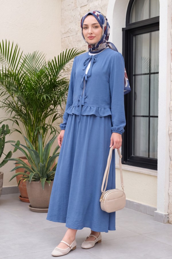 Lace-up Front Elastic Sleeve Skirt Set -İndigo