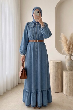 Peter Pan Collar Half-Zip Denim Dress with Pearl Details and Belt -Ice Blue