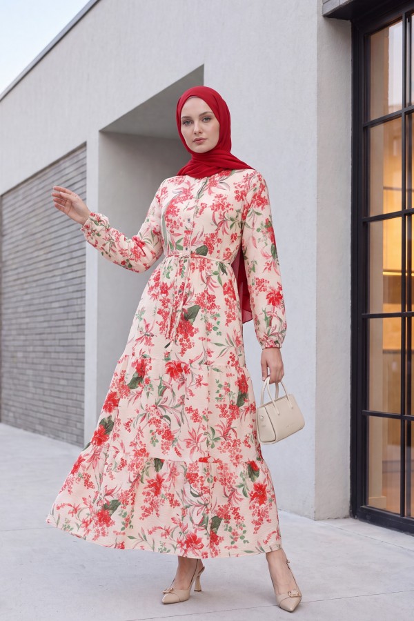 Mandarin Collar Half-Button Mixed Patterned Polycotton Dress with Elasticated Sleeves -Garnet Color