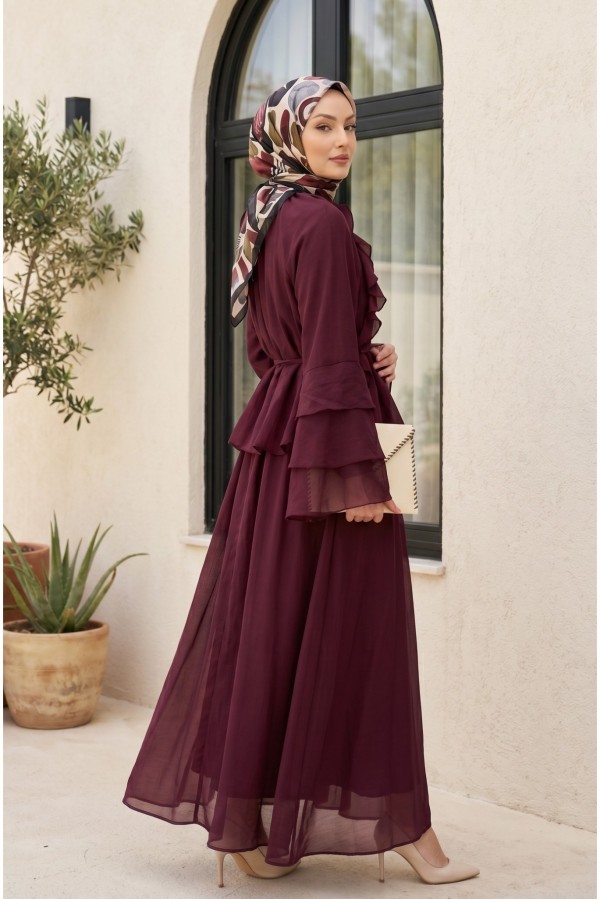 Cupra Suit with Ruffled Front, Spanish Sleeves, Lined, and Lace-Up Skirt -Damson