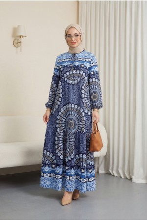 Parçalı Deseli Bağcıklı Kolu Lastikli Elbise  -Laci