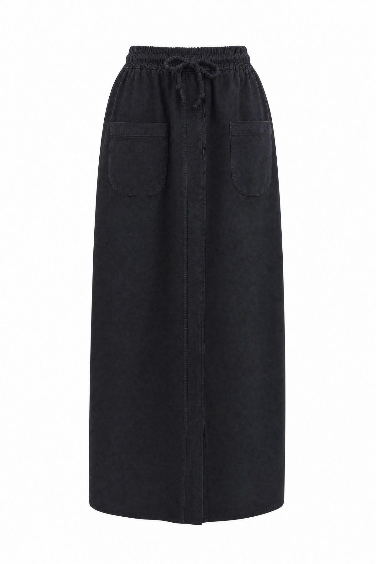 Linen-look skirt with elasticated waist and slit. -Black