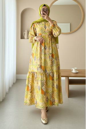 Yandan Bağcıklı Kolu Lastikli Yarım Düğmeli Viskon Elbise -Yağ Yeşili