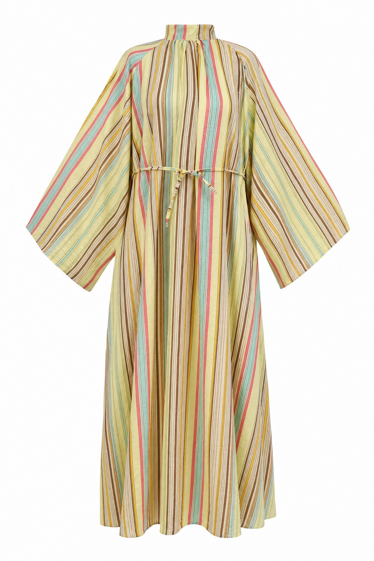 Mandarin Collar Belted Patterned Polyviscose Dress -Yellow