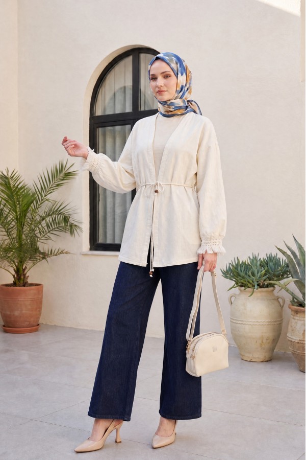 Linen-look kimono with lace tassel cuffs and drawstring waist. -Ecru