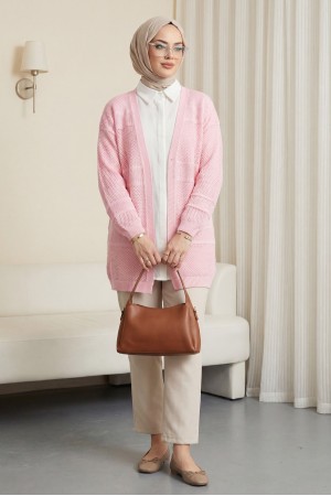Desenli Ajurlu Triko Hırka  -Pembe