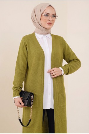 Cepli Tesettür Uzun Hırka  -Yağ Yeşili