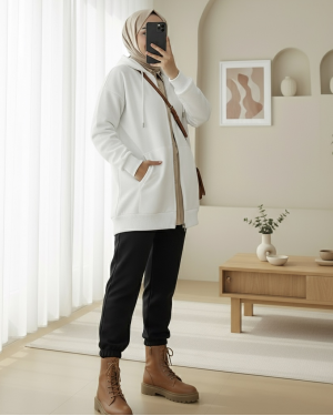 سترة مرتفعة بغطاء رأس وسحاب وجيب  -أبيض